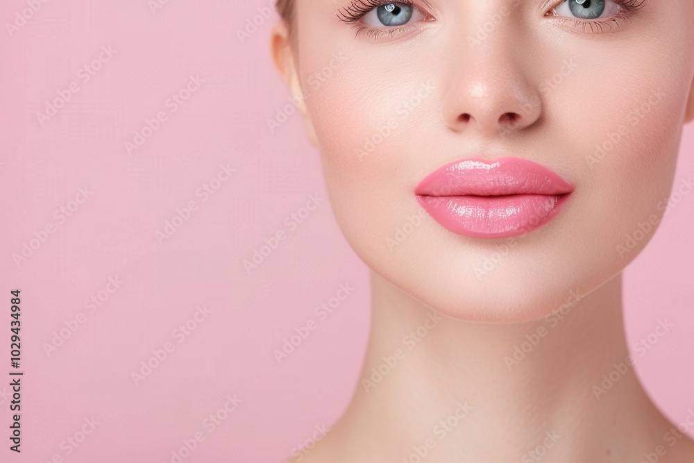 Glossy pink lips with a soft makeup look on a pastel pink background, minimalistic composition with copy space. Feminine beauty and skincare concept for fashion and cosmetic designs.
Glossy pink lips with a soft makeup look on a pastel pink background, minimalistic composition with copy space. Feminine beauty and skincare concept for fashion and cosmetic designs.