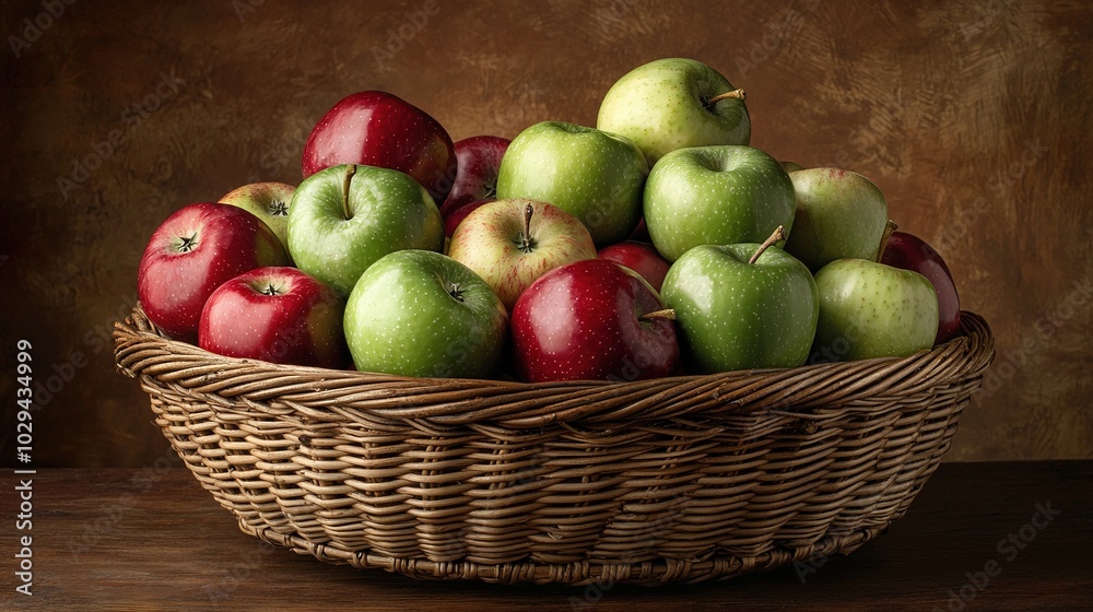 Wicker basket brimming with green, red apples on wooden table, beside brown wall Wicker basket brimming with green, red apples on wooden table, beside brown wall