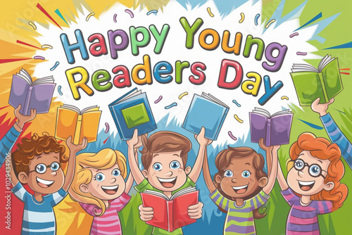 Colorful celebration of Happy Young Readers Day with children and books.

