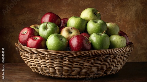  Wicker basket brimming with green, red apples on wooden table, beside brown wall