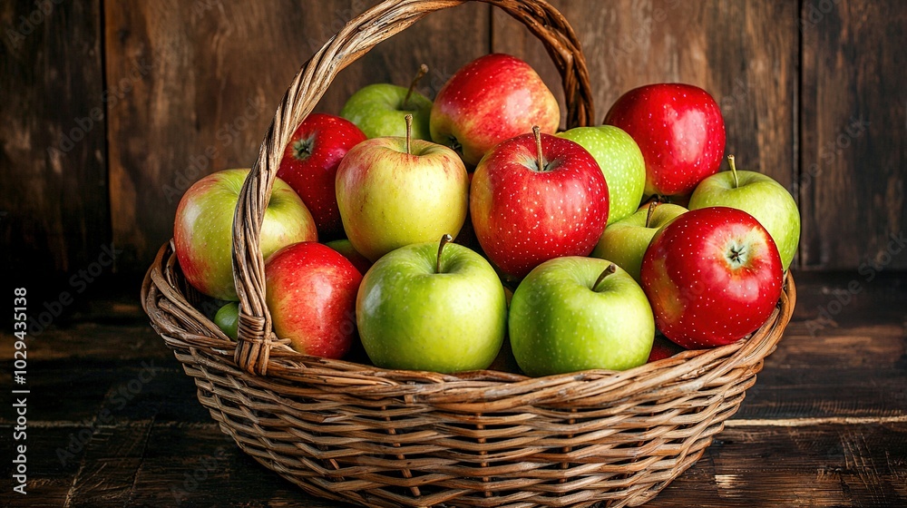 A wicker basket overflowing with red and green apples sits atop a wooden table adjacent to a wooden wall A wicker basket overflowing with red and green apples sits atop a wooden table adjacent to a wooden wall