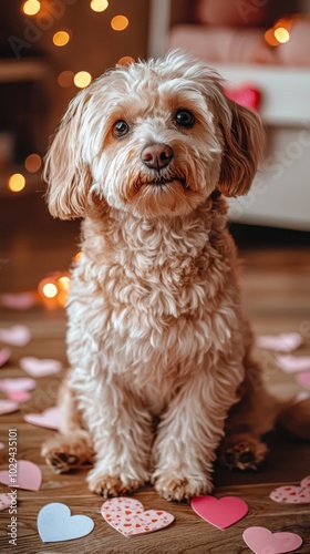 Wallpaper Mural An adorable dog sitting among Valentine’s Day decorations, with heart-shaped love notes and festive decor, creating a sweet and playful celebration of love.. Torontodigital.ca
