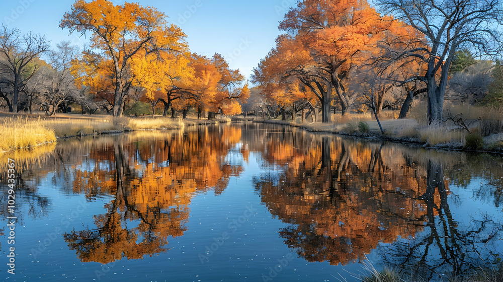 A tranquil river reflecting the autumn colors of the surrounding trees A tranquil river reflecting the autumn colors of the surrounding trees