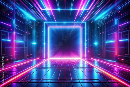 Neon futuristic cityscape at night with fast moving lights reflection on water