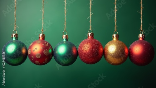 Colorful Christmas ornaments hanging against a green background, symbolizing festive celebration during the holiday season