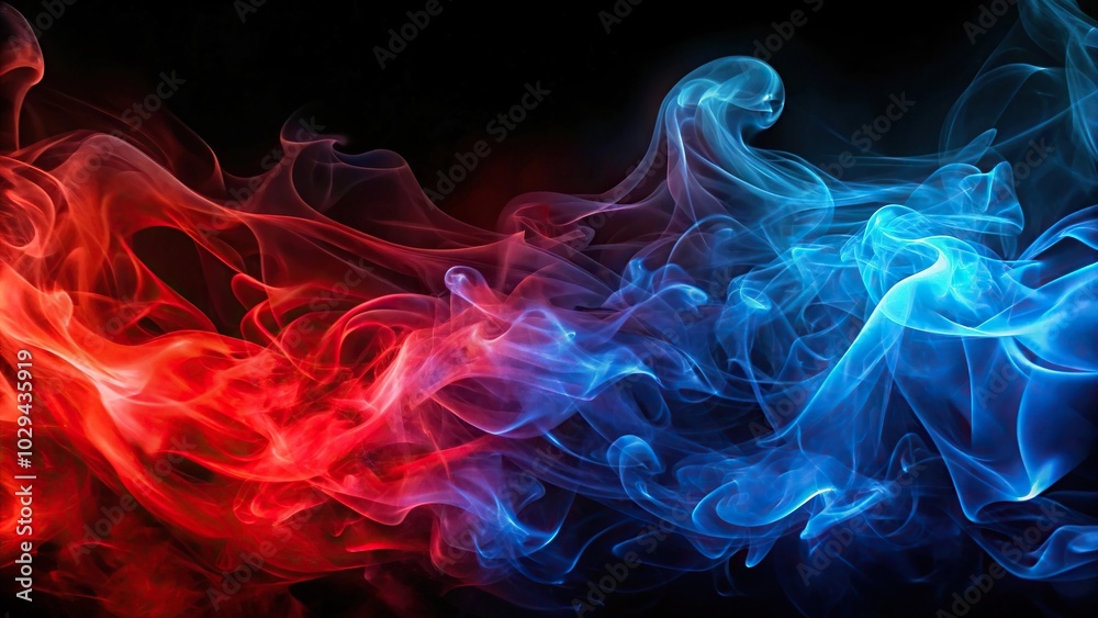 Neon glow of red and blue flames with colorful smoke in the air on black background Neon glow of red and blue flames with colorful smoke in the air on black background