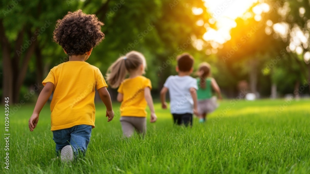 Fototapeta premium Children playing in a park on a sunny day, highlighting the carefree joy of childhood and outdoor activities