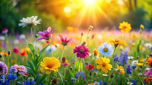 peaceful meadow with colorful flowers and gentle sunlight