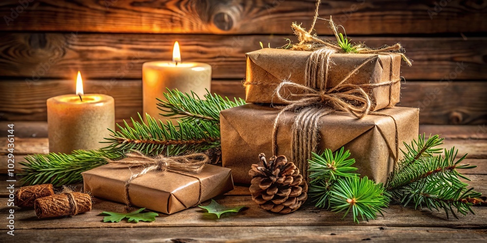 Rustic Christmas gifts wrapped in brown paper with twine and pine ...