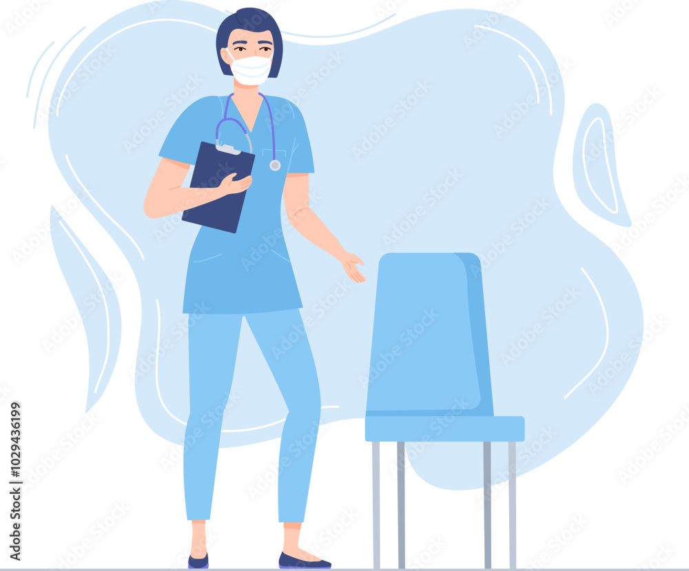 Nurse or doctor wait for patients in the hospital. Woman in face mask near empty chair. Coronavirus covid-19 prevention maintain a safe distance from others in hospital. Stock vector illustration in c