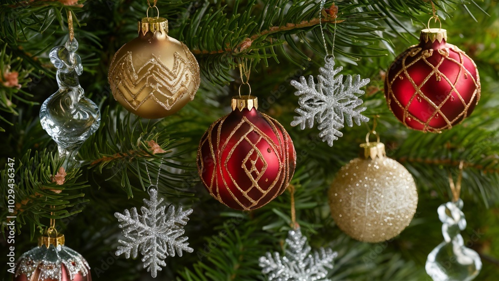 Elegant Holiday Ornaments Adorning a Pine Tree Branch Elegant Holiday Ornaments Adorning a Pine Tree Branch