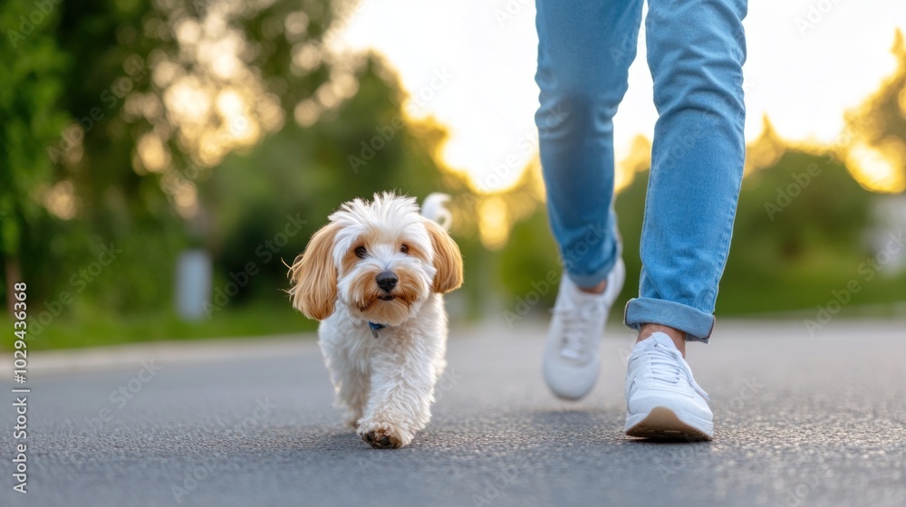 Man walking the dog early in the morning, showcasing the commitment and daily routine of pet ownership Man walking the dog early in the morning, showcasing the commitment and daily routine of pet ownership