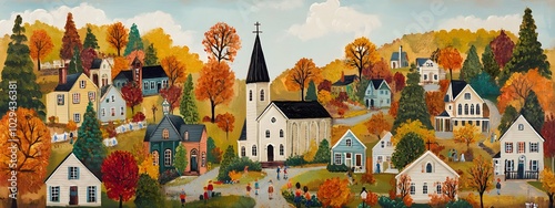 A vibrant painting of an idyllic American town, nestled in the rolling hills and surrounded by autumn foliage