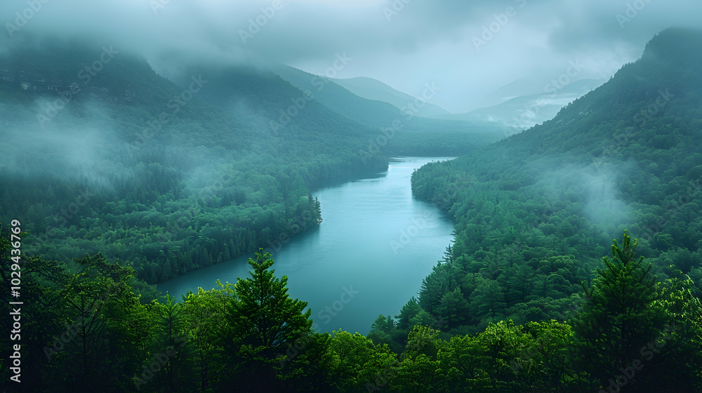 A tranquil river winding through a dense forest under a cloudy sky A tranquil river winding through a dense forest under a cloudy sky