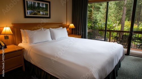 A spacious hotel room features a large white bed, wooden furniture, and a picturesque window displaying lush green trees. Soft lighting adds a cozy ambience