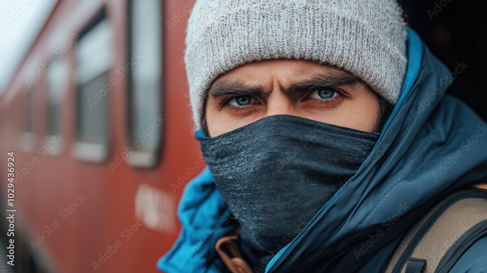 A young man with striking blue eyes wears a warm coat and a knit hat while standing at a train station, ready to embark on a winter adventure amidst frosty surroundings A young man with striking blue eyes wears a warm coat and a knit hat while standing at a train station, ready to embark on a winter adventure amidst frosty surroundings