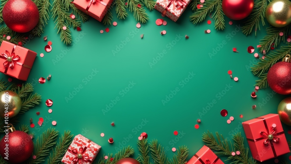 Festive holiday decorations with red ornaments and wrapped gifts on a vibrant green background during Christmas season Festive holiday decorations with red ornaments and wrapped gifts on a vibrant green background during Christmas season