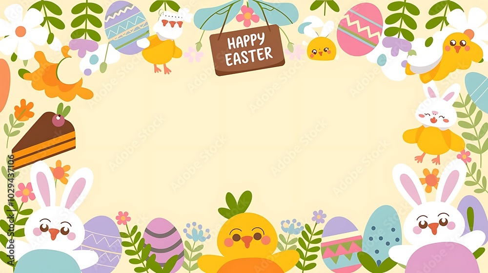 Easter-themed illustration with cute bunnies, chicks, eggs, and festive decorations
Easter-themed illustration with cute bunnies, chicks, eggs, and festive decorations