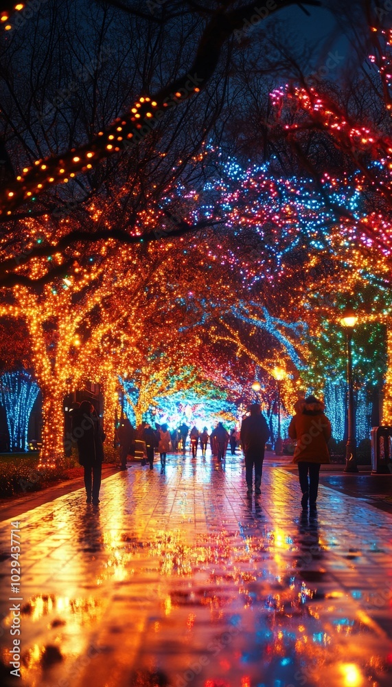 Fototapeta premium A festive walkway lined with twinkling lights, creating a magical atmosphere.