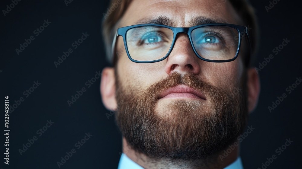 A well-dressed man with glasses and a full beard gazes upward, exuding confidence in a dark environment that hints at a professional setting and an upcoming presentation