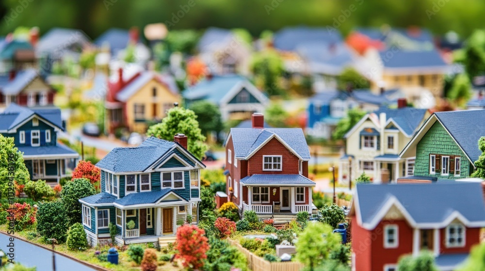 A vibrant display of miniature houses creates a charming neighborhood scene, showcasing unique architectural styles, lush gardens, and well-manicured lawns under bright sunlight A vibrant display of miniature houses creates a charming neighborhood scene, showcasing unique architectural styles, lush gardens, and well-manicured lawns under bright sunlight