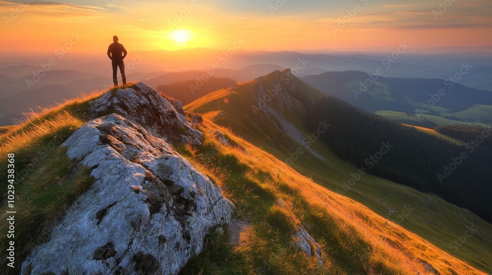 Fototapeta premium A solitary figure stands atop a rocky mountain ledge, admiring the vibrant colors of the sunset illuminating the landscape and distant hills, creating a tranquil and breathtaking view