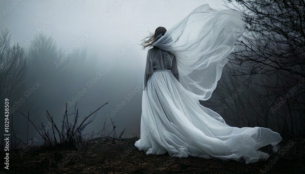 Trauriges Bild Frau mit weissem Kleid Haare im WInd Nachdenklich Trauriges Bild Frau mit weissem Kleid Haare im WInd Nachdenklich