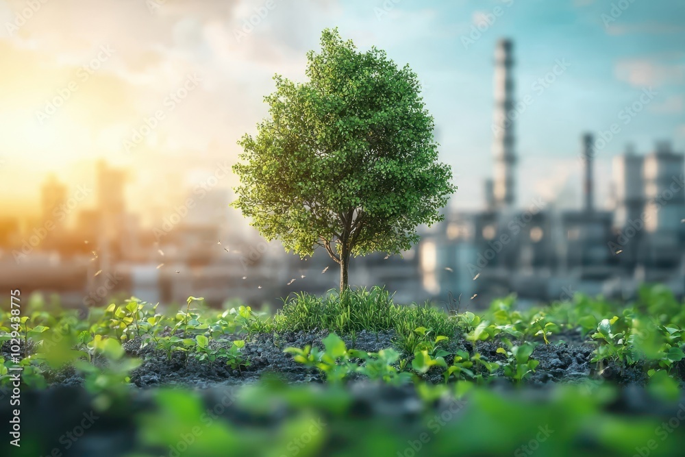 A modern power plant integrated with eco-friendly design, featuring a tree to symbolize green industry and sustainable energy, promoting environmental conservation and energy efficiency..