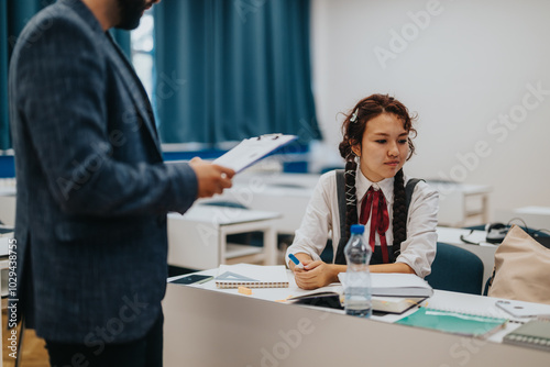 A professor is helping a student with her assignments during a classroom session. The student is focused on her work, while the professor provides guidance and support.