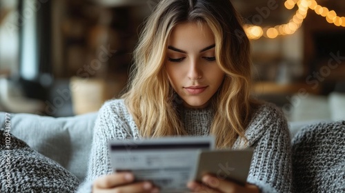 Woman paying bills online at home, highlighting the routine of managing finances and household expenses