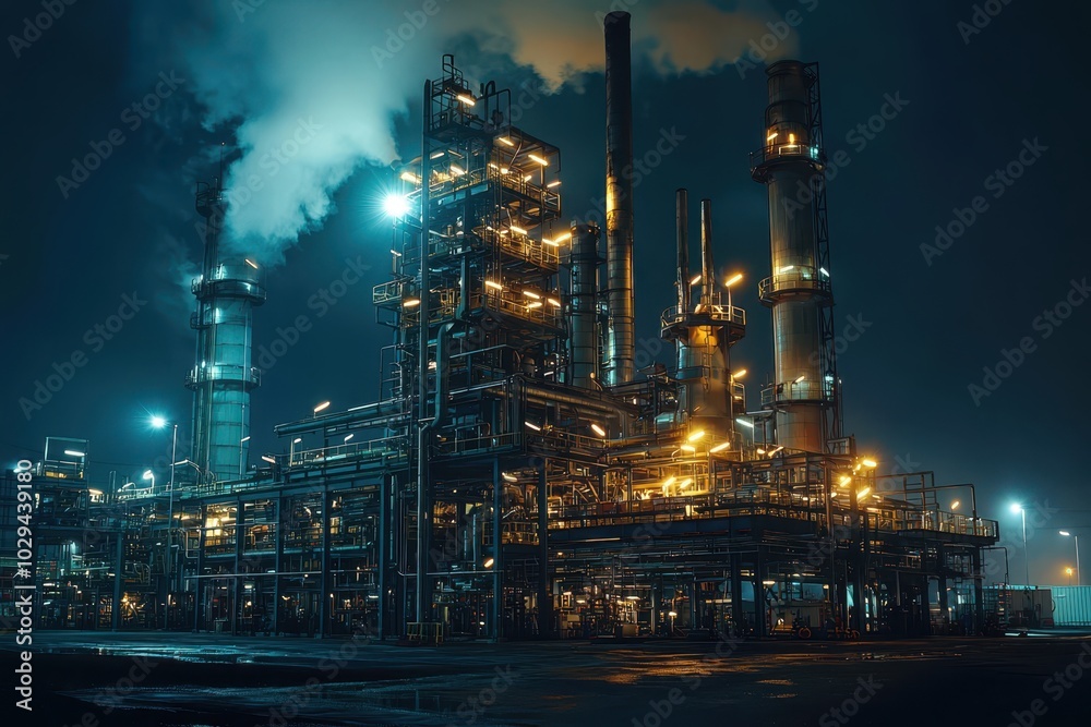 Fototapeta premium A nighttime view of an oil facility, glowing with bright industrial lights and active machinery, highlighting the intense operations and scale of the oil industry under the cover of darkness..