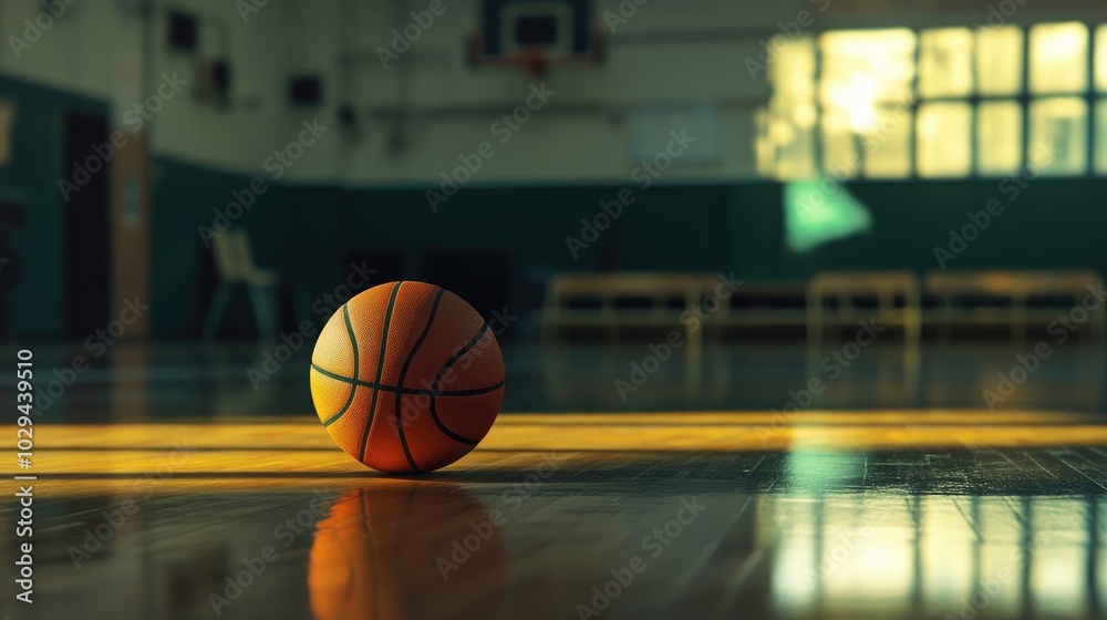 Basketball resting on a shiny hardwood floor inside a school gymnasium.