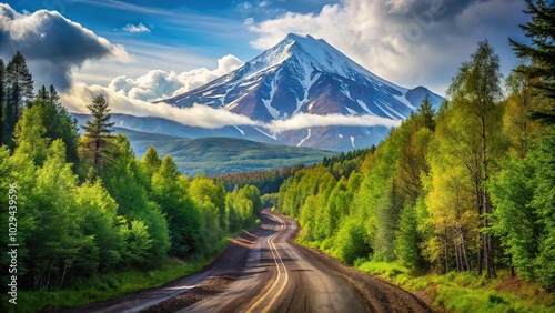 Scenic country road winding through the forests and mountains of Kamchatka