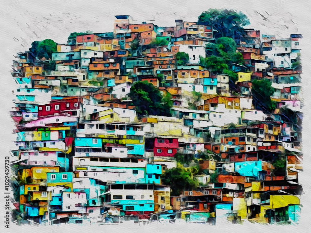 Fototapeta premium Oil brush effect of a colorful barrio in Caracas (Venezuela).