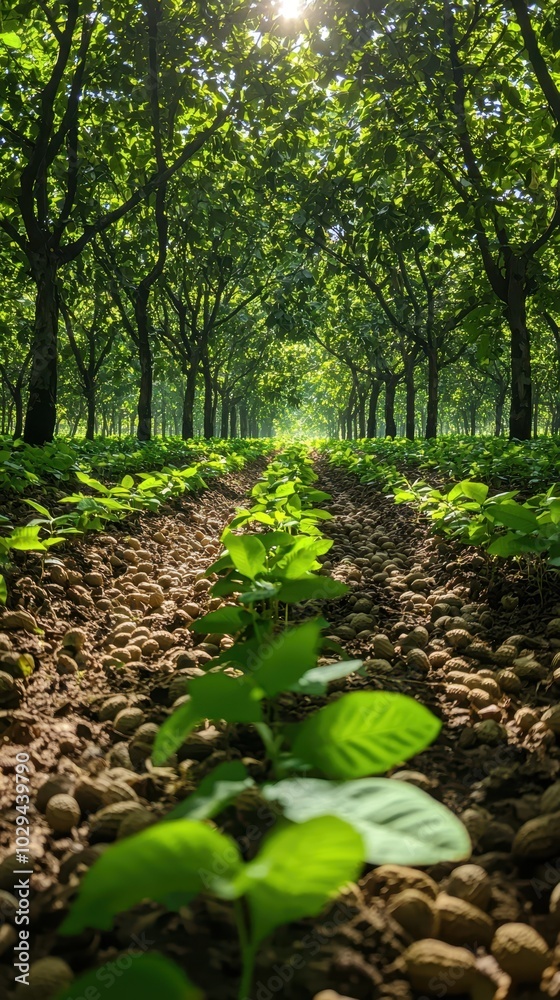 A lush peanut plantation with rows of fresh peanut plants growing in the fields, surrounded by trees, highlighting agricultural practices and natural farming in a rural landscape.. A lush peanut plantation with rows of fresh peanut plants growing in the fields, surrounded by trees, highlighting agricultural practices and natural farming in a rural landscape..