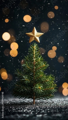 A small Christmas tree with a golden star on top, surrounded by twinkling lights.