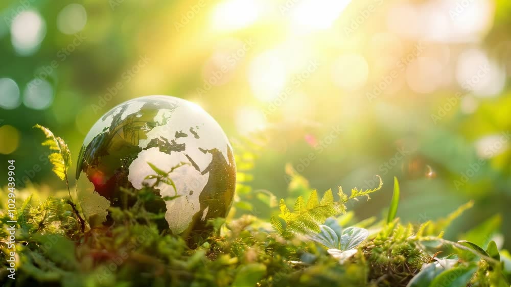 Green world globe in nature, symbolic ecological concept for environmental protection, nature conservation, Earth care, sustainable development Green world globe in nature, symbolic ecological concept for environmental protection, nature conservation, Earth care, sustainable development