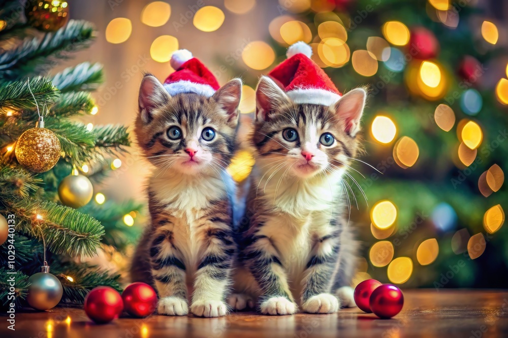 Adorable Kittens in Front of a Festive Christmas Tree with Holiday Hats - Perfect for Seasonal Decor and Pet Lovers Adorable Kittens in Front of a Festive Christmas Tree with Holiday Hats - Perfect for Seasonal Decor and Pet Lovers