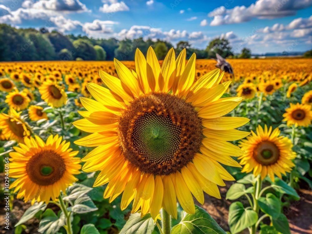 Obraz premium Aerial View of Bees Pollinating Vibrant Sunflowers in a Summer Flowering Field, Capturing Nature's Beauty and Biodiversity, Ideal for Environmental and Agricultural Themes