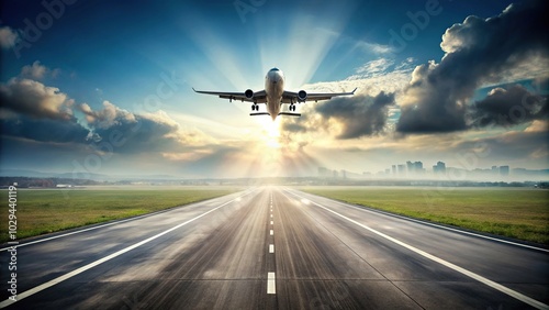 Minimalist runway design at airport with airplane taking off and landing