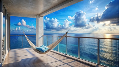 Scenic oceanview balcony with swing chair photo