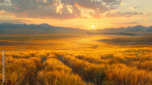 A vast wheat field bathed in the golden light of a late afternoon sun