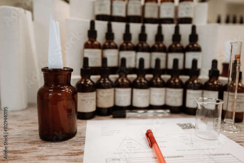 Glass brown bottle with white clean blotter paper for testing smell of fragrance oil or essential oil, perfume tester paper strips, study of perfumery and aromatherapy