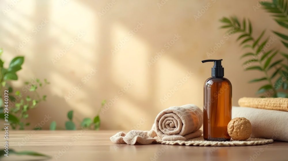 A calming atmosphere featuring an amber glass bottle of essential oil next to neatly rolled towels and a decorative stone, highlighting a tranquil spa environment in soft natural light A calming atmosphere featuring an amber glass bottle of essential oil next to neatly rolled towels and a decorative stone, highlighting a tranquil spa environment in soft natural light