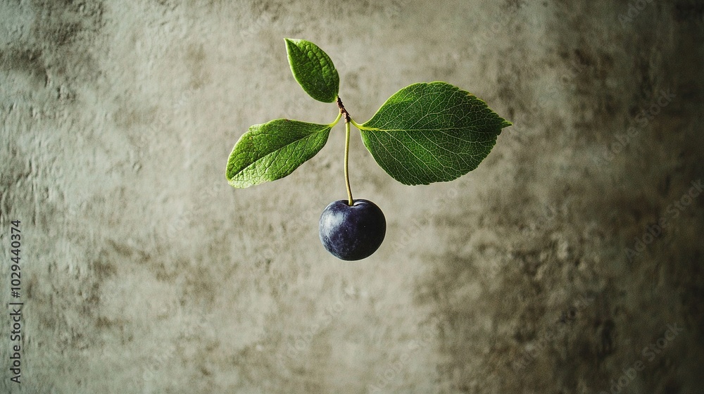   A close-up of a fruit on a branch against a concrete backdrop, bathed in soft light from above