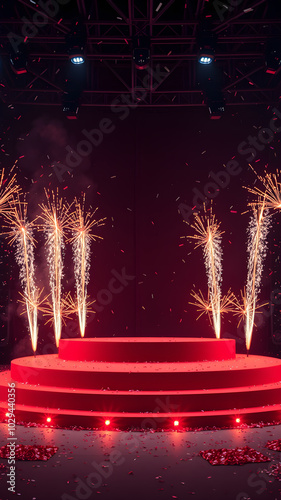 A red large podium surrounded by four floor fireworks and stage lights. Festive background around with confetti and lights.