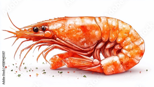 A detailed illustration of a shrimp, showcasing its vibrant orange color and texture.