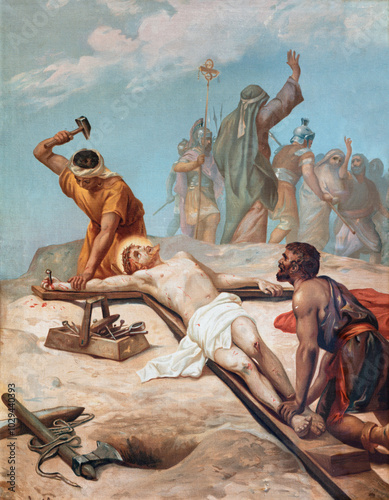 ALESSANDRIA, ITALY - SEPTEMBER 10, 2024: The painting Jesus is nailed to the cross  as part of Cross way stations in the church Chiesa di Santo Stefano by Luigi Morgari from 20. cent. 