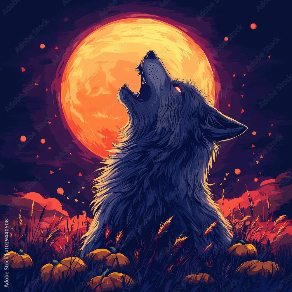 illustration of a Wolf Howling at the Orange Moon illustration of a Wolf Howling at the Orange Moon