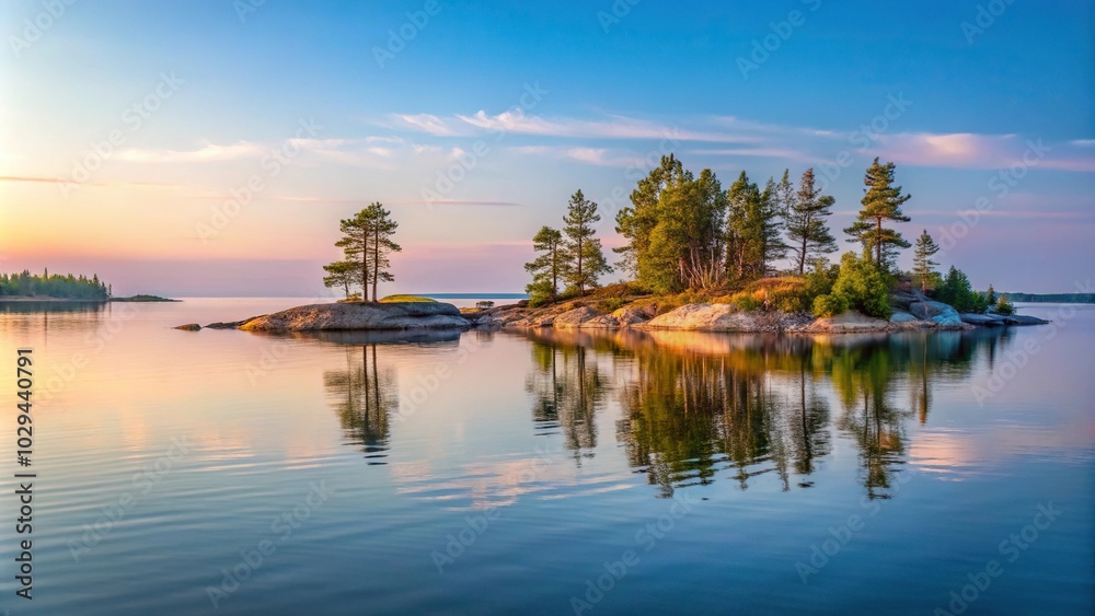 Scenic view of lake Ladoga at dusk in Karelia, featuring minimalist skerries and Northern nature Scenic view of lake Ladoga at dusk in Karelia, featuring minimalist skerries and Northern nature